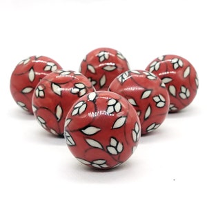 Round Shape Leaf Pattern Red Hand Painted Ceramic knobs / Ceramic Drawer Pulls / Cabinet Knobs/ Kitchen Cabinet Door Handles