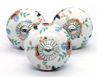 Ceramic Round Shape Miniature Floral Design on White Hand Painted Ceramic knobs / Ceramic Drawer Pulls / Cabinet Knobs / Round Dresser Knobs