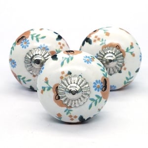 Ceramic Round Shape Miniature Floral Design on White Hand Painted Ceramic knobs / Ceramic Drawer Pulls / Cabinet Knobs / Round Dresser Knobs