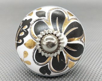 Premium Ceramic knob with Black Floral Design and Golden Highlights / Hand Painted Cabinet Pulls / Golden Cabinet Pulls