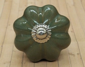 Green flower shape Hand painted ceramic knob, Hand painted ceramic knob, Decorative Ceramic knob, Ceramic drawer pull