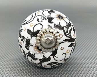Premium Ceramic knob with Black Floral Design and Golden Highlights / Hand Painted Cabinet Pulls / Golden Cabinet Pulls