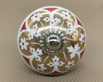 Premium Quality Red and Golden On White Base  Round Shape Ceramic Knobs for Expensive Cabinets / High Grade Hand Painted Knobs