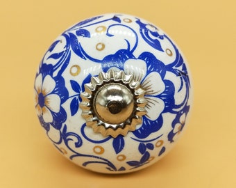 Premium Quality Blue and Golden On White Base  Round Shape Ceramic Knobs for Expensive Cabinets / High Grade Hand Painted Knobs