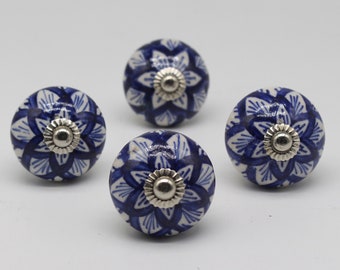 Large round shape Crater Knob, WHITE And Blue floral design  Artistic Cabinet Knob and Furniture Hardware, Decorative Handles, Dresser Knob