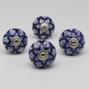 Large round shape Crater Knob, WHITE And Blue floral design  Artistic Cabinet Knob and Furniture Hardware, Decorative Handles, Dresser Knob