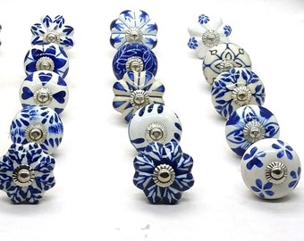 Maçanetas de armário azuis e brancas variadas/puxadores de cerâmica de vários padrões de tamanhos mistos/maçanetas de porta de móveis/reforma instantânea para móveis antigos