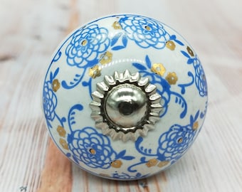 Premium Ceramic Knob with Blue Floral Design and Golden Highlights / Hand Painted Cabinet Pulls / Golden Cabinet Pulls