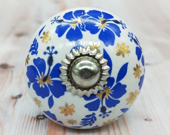 Premium Ceramic Knob Blue Floral Design and Golden Highlights / Hand Painted Cabinet Pulls / Golden Cabinet Pulls