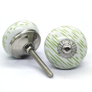 Ceramic Round Shape Green waves Design on White Hand Painted Ceramic knobs / Ceramic Drawer Pulls / Cabinet Knobs / Round Dresser Knobs