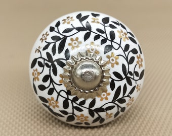 Premium Ceramic Knob with Black Floral Design and Golden Highlights / Hand Painted Cabinet Pulls / Golden Cabinet Pulls