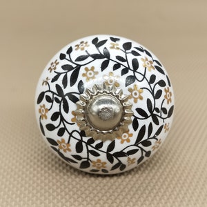 Premium Ceramic Knob with Black Floral Design and Golden Highlights / Hand Painted Cabinet Pulls / Golden Cabinet Pulls