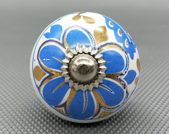Botões cerâmicos de formato redondo com base branca, azul e dourado de qualidade premium para armários caros/botões pintados à mão de alta qualidade