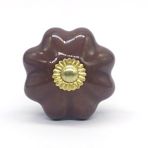 Könnte beinhalten: Ein brauner Keramik-Schrankknopf mit goldenem Blumendesign.