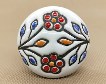 Premium Quality Multi Color on White Base Embossed Flat Head Round Shape Ceramic Knobs for Expensive Cabinets/ High Grade Hand Painted Knobs