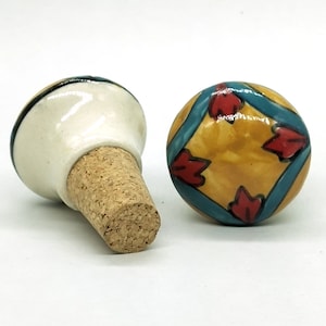 Ceramic Hand Painted Round Shape Floral Yellow and Blue Wine Bottle Stopper, Bottle Stopper, Bottle Tops