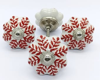 Red AND WHITE Colored Hand Painted Ceramic Knob , flower shaped knob ,  Hand Painted Ceramic Knob, Decorative Ceramic knob