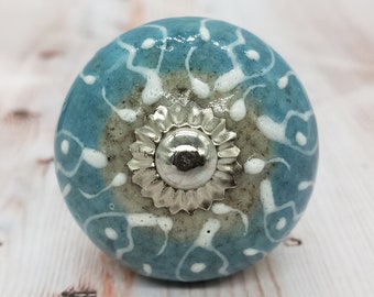 Aqua Blue and White Embossed Round Shape Hand Painted Ceramic knobs / Ceramic Drawer Pulls / Cabinet Knobs/ Kitchen Cabinet Knobs