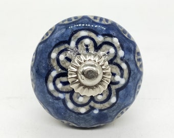 Blue and Grey Floral Round Shape Hand Painted Ceramic knob / Ceramic Drawer Pulls / Cabinet Knob/Kitchen Cabinet Door Handle /Cupboard Knob