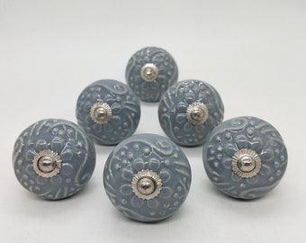 Dolphin Grey  Protruding Floral Pattern Round shape Hand painted ceramic knob, Decorative Ceramic knob,drawer pull, Hand made Ceramic Knob