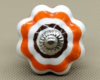 White Base Orange and Brown Hand Painted Ceramic knobs / Ceramic Drawer Pulls / Cabinet Knobs/ Kitchen Cabinet Door Handles / Cupboard Knobs