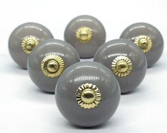 Solid Shiny Grey Ceramic Round Shape Knobs with Golden Hardware / Silver hardware Option / Cabinet Pulls / Drawer Pulls / Drawer Handles