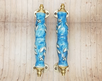 Set of  2 Ceramic Drawer Pulls Door Handles Kitchen Cabinet Pull Dresser Knob Pull Cupboard Handle Furniture Blue Antique Bronze Handle