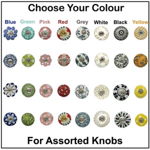 Peut inclure: Assortiment de boutons en céramique de différentes couleurs et motifs, notamment bleu, vert, rose, rouge, gris, blanc, noir et jaune. Choisissez votre couleur pour des boutons assortis.