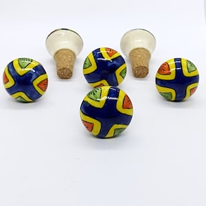 Ceramic Hand Painted Round Shape Combination of Floral Yellow and Blue  Wine Bottle Stopper, Bottle Stopper, Bottle Tops