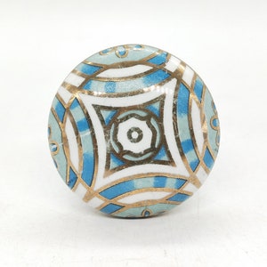 Aqua Blue with Chrome Stripped Round Shape Hand Painted Ceramic knobs / Ceramic Drawer Pulls / Cabinet Knobs/ Kitchen Cabinet Knobs