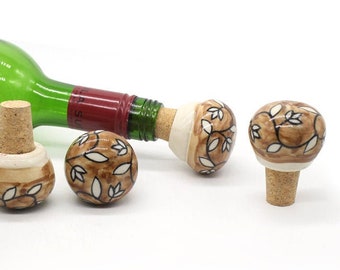 Terreux brun floral Pattern Round Shape Ceramic Hand Painted Wine Bottle Stopper / Hand Painted Bottle Stoppers/ Bottle Tops