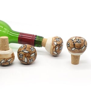 Earthy brown floral Pattern Round Shape Ceramic Hand Painted  Wine Bottle Stopper / Hand Painted Bottle Stoppers/ Bottle Tops