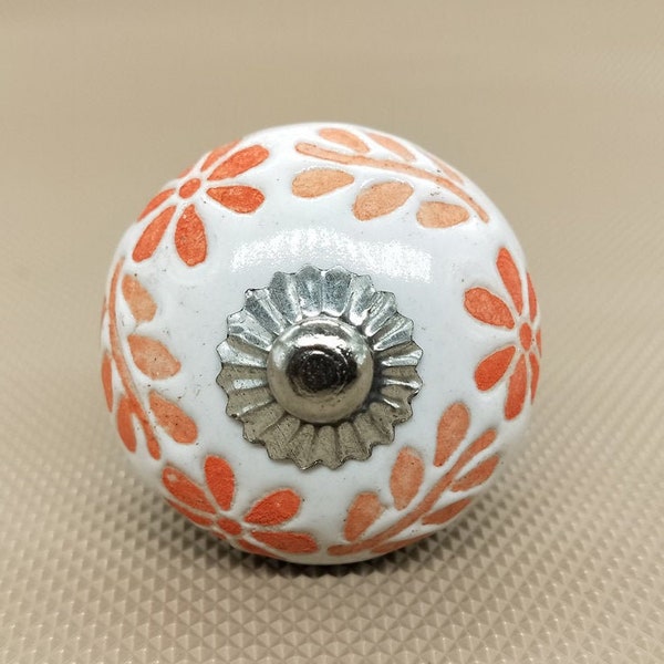 Orange and White Embossed Floral Round Shape Hand Painted Ceramic knobs / Ceramic Drawer Pulls / Cabinet Knobs/ Kitchen Cabinet Door Handles