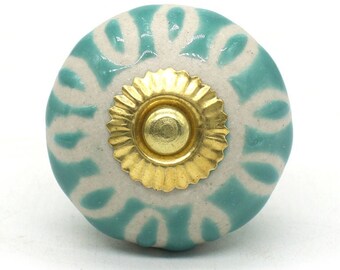 Green Embossed Floral Round Shape Hand Painted Ceramic knobs / Ceramic Drawer Pulls / Cabinet Knobs/ Kitchen Cabinet Door Handles