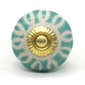 Green Embossed Floral Round Shape Hand Painted Ceramic knobs / Ceramic Drawer Pulls / Cabinet Knobs/ Kitchen Cabinet Door Handles