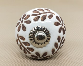 Brown and White Embossed Floral Round Shape Hand Painted Ceramic knobs / Ceramic Drawer Pulls / Cabinet Knobs/ Kitchen Cabinet Door Handles