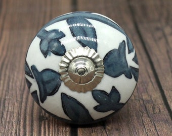 Grey And White Floral Round Shape Hand Painted Ceramic knobs / Ceramic Drawer Pulls / Cabinet Knobs/ Kitchen Cabinet Door Handles