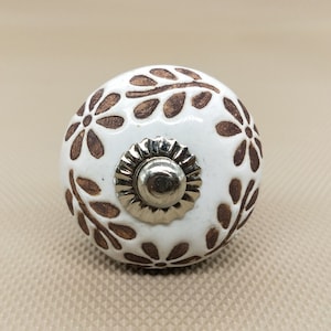 Brown and White Embossed Floral Round Shape Hand Painted Ceramic knobs / Ceramic Drawer Pulls / Cabinet Knobs/ Kitchen Cabinet Door Handles