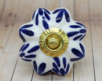 Ceramic Floral Blue And White Flower Shape Hand Painted Ceramic knobs / Ceramic Drawer Pulls / Cabinet Knobs / Pumpkin Dresser Knobs