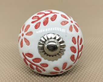 Red and White Embossed Floral Round Shape Hand Painted Ceramic knobs / Ceramic Drawer Pulls / Cabinet Knobs/ Kitchen Cabinet Door Handles