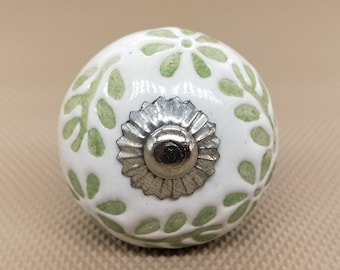 Green and White Embossed Floral Round Shape Hand Painted Ceramic knobs / Ceramic Drawer Pulls / Cabinet Knobs/ Kitchen Cabinet Door Handles