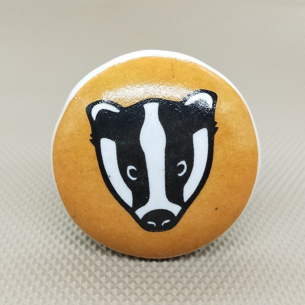 Yellow Knob with Center Badger Face Flat Head Hand Painted Ceramic knob / Ceramic Drawer Pulls / Cabinet Knobs/ Kitchen Cabinet Door Handles