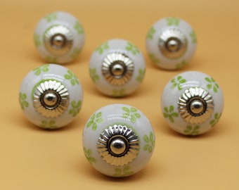 Grand bouton rond de cratère de forme, petit bouton artistique vert d’impression de fleur et matériel de meubles, poignées décoratives, bouton de commode