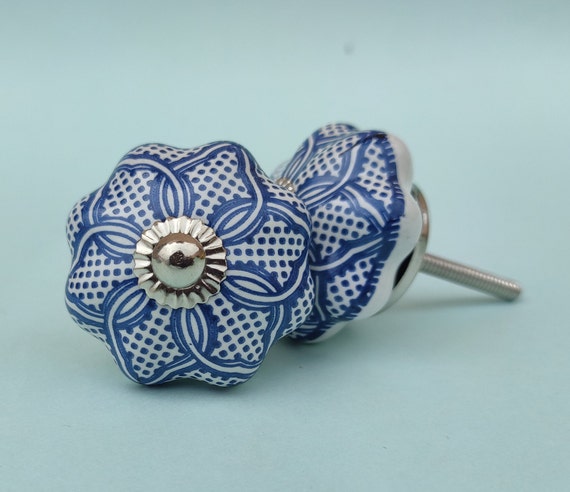 Weiß Und Blau Muster BLUMENform Handgemalter Keramikknopf Dekorativer Keramikknopf, Schubladenknauf