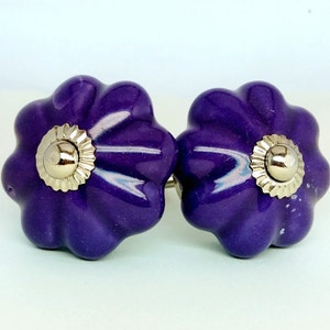 Könnte beinhalten: Zwei violette Keramik-Knöpfe mit einem gewellten Design und silbernen Akzenten.