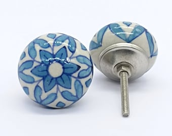 Bouton de cratère de forme ronde bleue et blanche de 1,5 pouce, bouton d'armoire artistique et quincaillerie de meubles, poignées décoratives, bouton de commode
