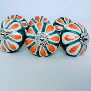 Pine Green and Orange Floral Round shape Hand painted ceramic knob,  Hand painted ceramic knob, Decorative Ceramic knob