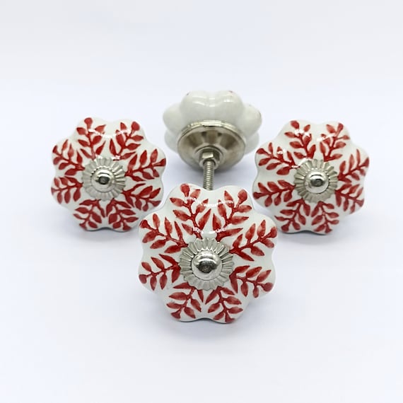 Rot UND WEISS Farbiger Handbemalter Keramikknopf, Blumenförmiger Knopf, Handbemalter Keramikknopf, Dekorativer Keramikknopf