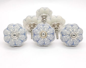 BLUE AND WHITE Colored Hand Painted Ceramic Knob , flower shaped knob ,  Hand Painted Ceramic Knob, Decorative Ceramic knob