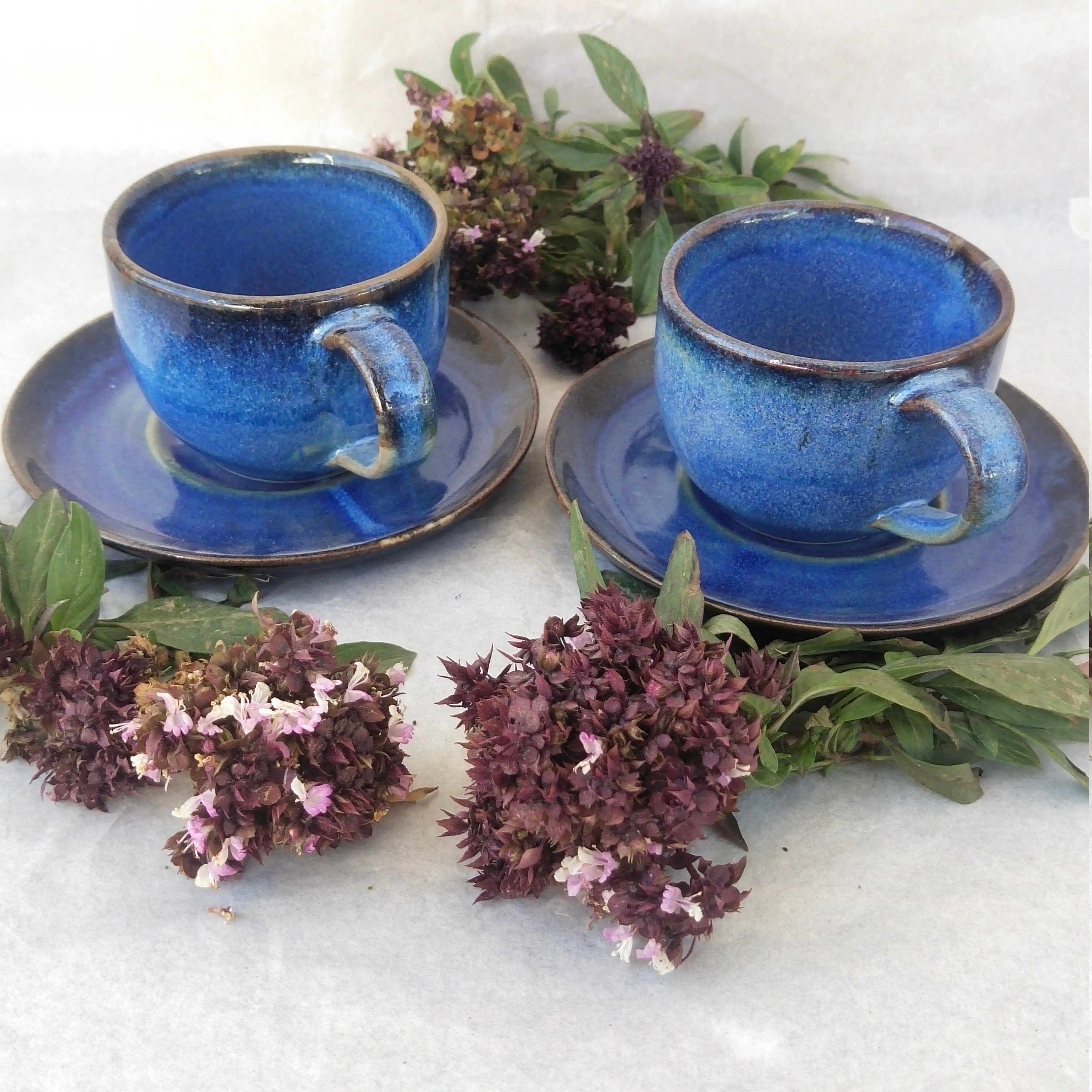 Antique Ceramic Hand Made Cup Plaque Set/Wheel Thrown Pottery Kitchen Mug Tasse Peinte à La Main Caf